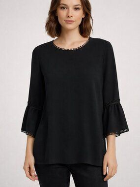 Liz Claiborne Black Blouse XL Bell Sleeve‎ Stretch Office Workwear Chic